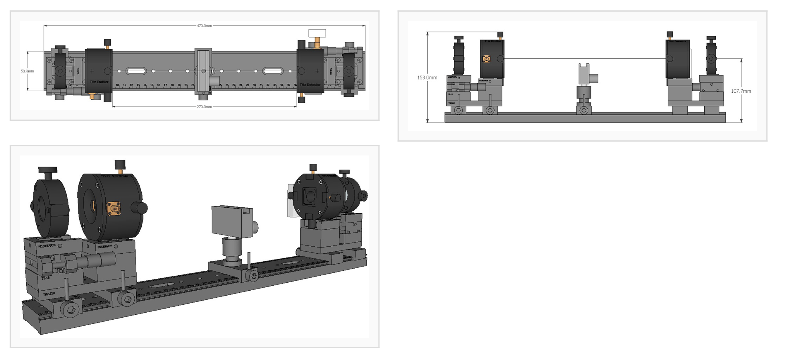 ТГц излучатель, ТГц детектор, держатель образца, закрепленные на оптическом рельсе