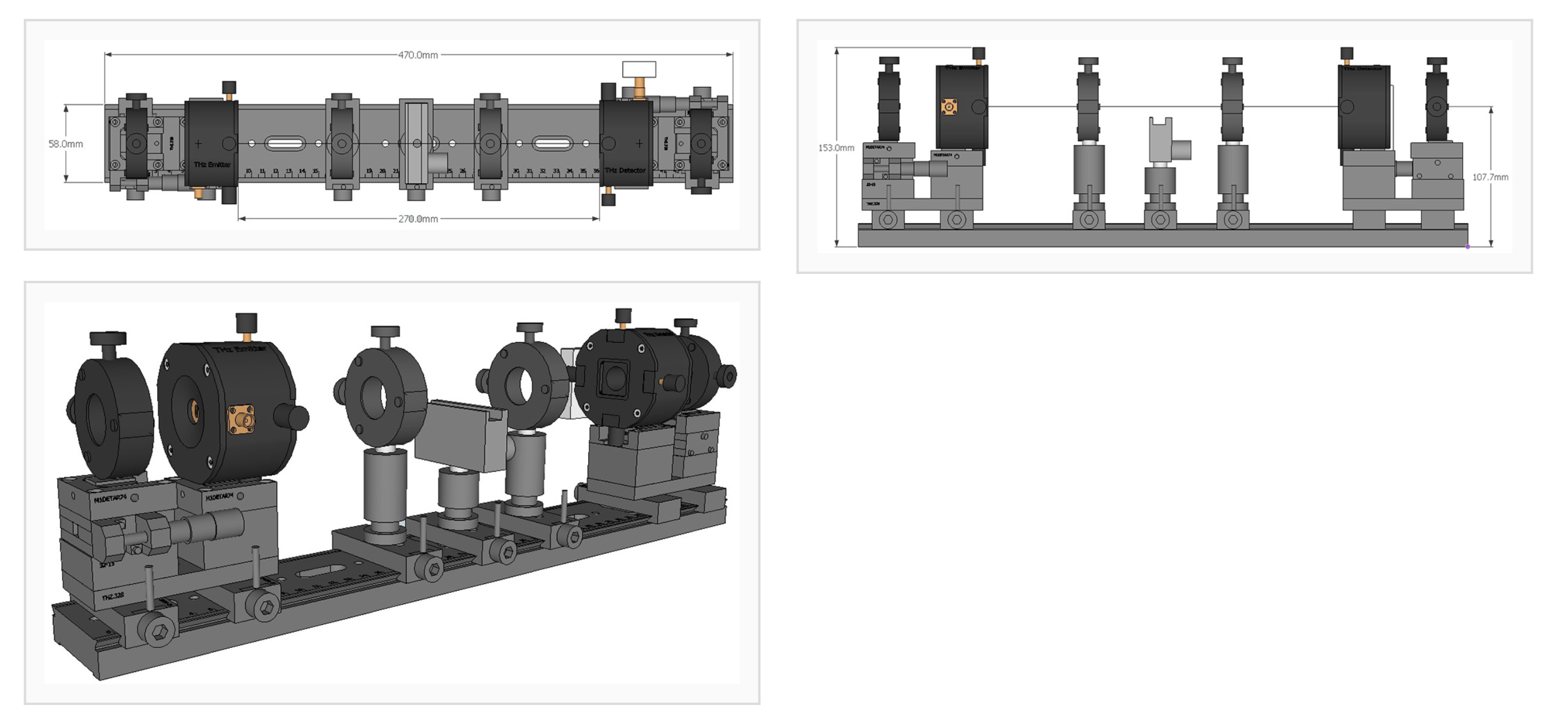 ТГц излучатель, ТГц детектор, держатель образца, полиэтиленовые линзы высокой плотности, закрепленные на оптическом рельсе