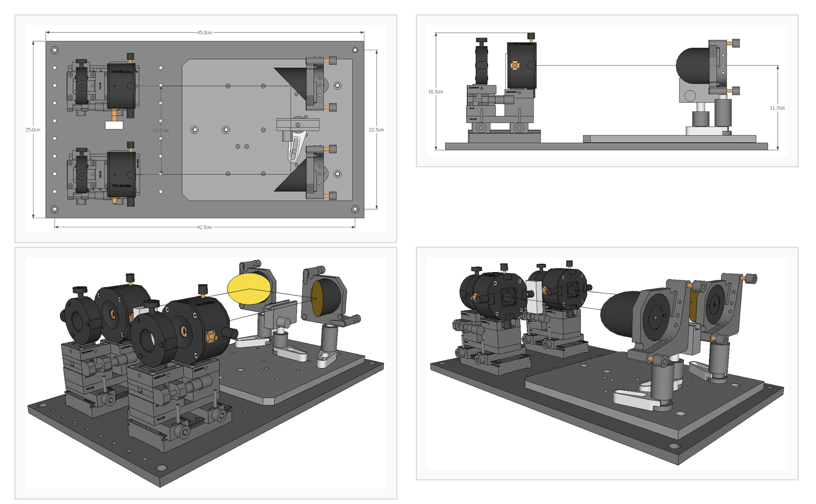 ТГц излучатель, ТГц детектор, модуль пропускания с двумя параболическими зеркалами и держатель образца, закрепленные на оптической столешнице