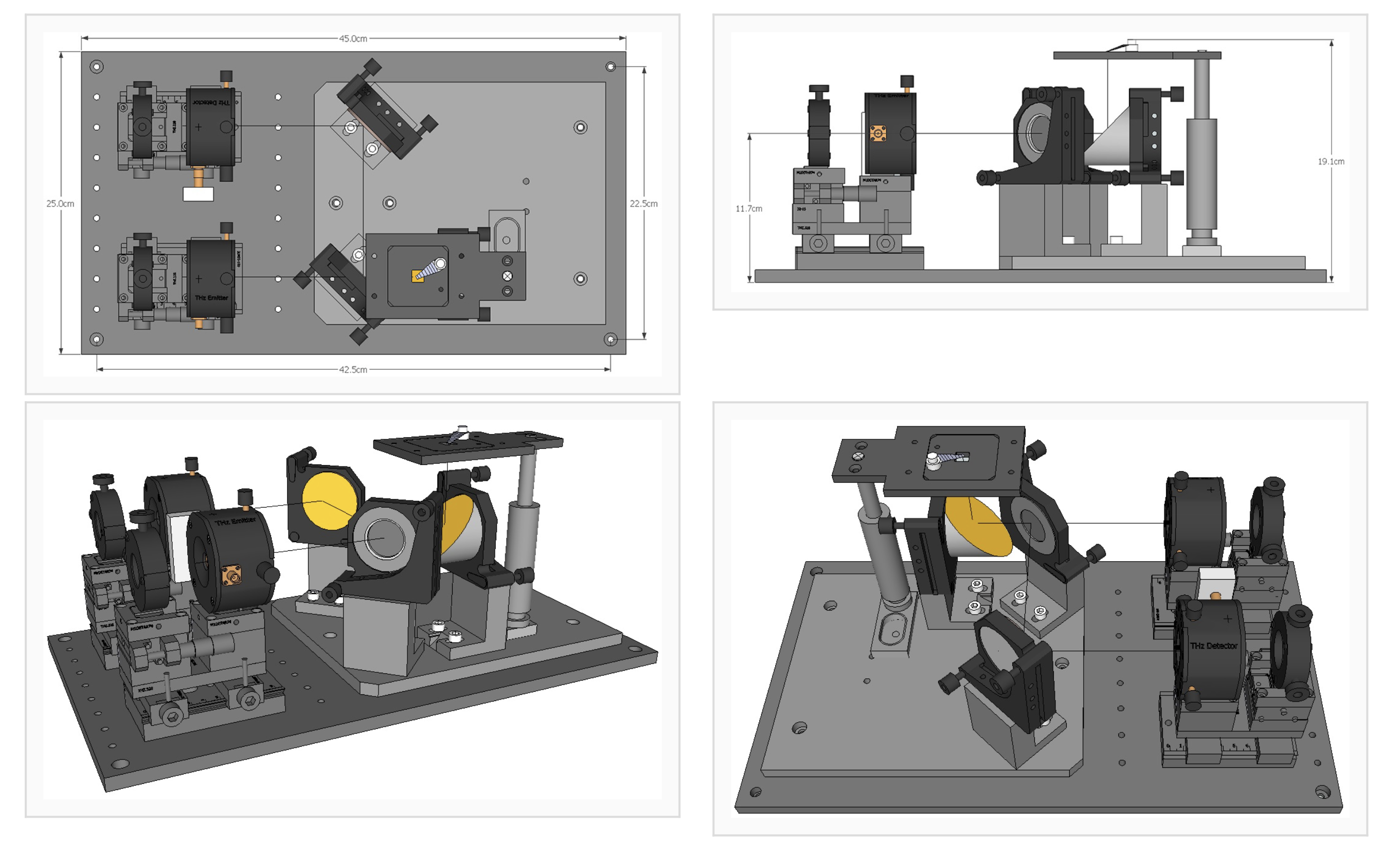 ТГц излучатель, ТГц детектор, модуль отражения с делителем пучка из высокорезистивного кремния, параболическим зеркалом, металлическими зеркалами и держателем образца, закрепленные на оптической столешнице