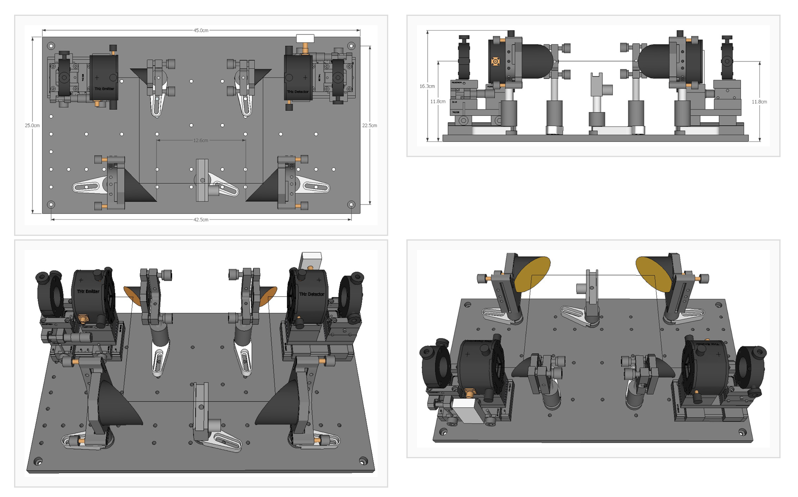 ТГц излучатель, ТГц детектор, конфигурация пропускания с четырьмя параболическими зеркалами и держатель образца, закрепленные на оптической столешнице