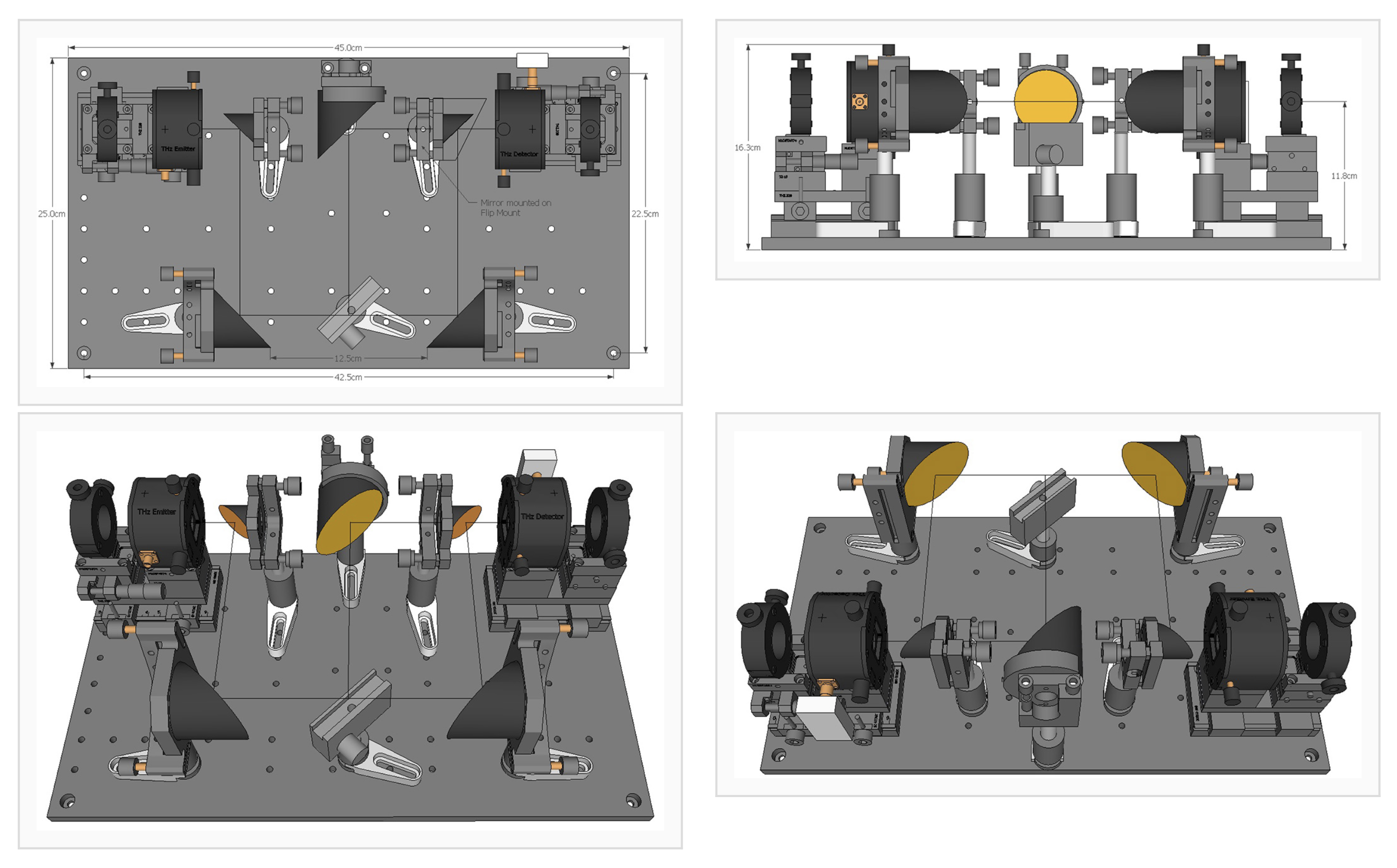ТГц излучатель, ТГц детектор, конфигурация пропускания с четырьмя параболическими зеркалами, держатель образца и конфигурация отражения с двумя параболическими зеркалами, закрепленные на оптической столешнице
